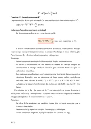 67/73
δ
ε
σ
δ sinsin
0
0*
==′′ EE
Grandeur |E| du module complexe E*
La grandeur réelle |E| est égale au module (au sens mathématique) du nombre complexe E*
:
0
022
),(
ε
σ
ω =′′+′= EETE (en Pa).
Le facteur d’amortissement ou de perte tan δδδδ
Le facteur de perte (loss factor) en traction est égal à :
E
E
T
′
′′
== δωη tan),( (sans unité ou exprimé en %).
Il mesure l'amortissement durant la déformation dynamique, soit la capacité du corps
viscoélastique à dissiper l'énergie mécanique en chaleur. Plus l'angle de phase est élevé, plus
l'amortissement des vibrations (vibration damping) est important.
Remarques :
- l'amortissement ne peut en général être déduit de simples mesures statiques
- Le facteur d'amortissement est une mesure du rapport de l'énergie dissipée par
amortissement à l'énergie élastique conservée puis restituée durant un cycle de
déformation sinusoïdale.
- Les matériaux caoutchoutiques sont bien connus pour leur faculté d'amortissement de
vibrations. Exemple : pour un caoutchouc de haute masse molaire partiellement
vulcanisé, nous relevons à 40 Hz : Tg = 60°C ; η = 1 et E' = 200 MPa à 60°C.
À l'opposé, le facteur d'amortissement des métaux est très faible : au plus 10-3
pour
l'acier.
Détermination de la Tg : La valeur de la Tg est déterminée en traçant la courbe à
isofréquence tanδ= f (T). La température à laquelle la valeur du facteur de perte est maximale
est appelée température de transition vitreuse : Tg ou Tv.
Remarques :
- la valeur de la température de transition vitreuse d'un polymère augmente avec la
fréquence d'excitation
- la valeur de la Tg dépend de multiples facteurs physico-chimiques
- de très nombreuses propriétés physiques subissent une variation à la Tg ;
 