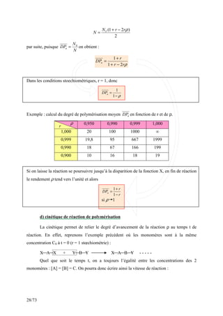 28/73
2
)
2
1
( ρ
r
r
N
N Y −
+
=
par suite, puisque
N
N
DPn
0
= on obtient :
ρ
r
r
r
DPn
2
1
1
−
+
+
=
Dans les conditions stoechiométriques, r = 1, donc
Exemple : calcul du degré de polymérisation moyen n
DP en fonction de r et de ρ.
0,950 0,990 0,999 1,000
1,000 20 100 1000 ∞
0,999 19,8 95 667 1999
0,990 18 67 166 199
0,900 10 16 18 19
Si on laisse la réaction se poursuivre jusqu’à la disparition de la fonction X, en fin de réaction
le rendement ρ tend vers l’unité et alors
d) cinétique de réaction de polymérisation
La cinétique permet de relier le degré d’avancement de la réaction ρ au temps t de
réaction. En effet, reprenons l’exemple précédent où les monomères sont à la même
concentration C0 à t = 0 (r = 1 stœchiométrie) :
X A X + Y B Y X A B Y - - - - -
Quel que soit le temps t, on a toujours l’égalité entre les concentrations des 2
monomères : [A] = [B] = C. On pourra donc écrire ainsi la vitesse de réaction :
r
r
DPn
−
+
=
1
1
si ρ 1
ρ
−
=
1
1
n
DP
ρ
r
 
