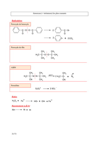 31/73
Amorceur (= initiateurs) les plus courants
Radicalaires
C
O
O O C
O
C
O
O
C CO2
2
2 + 2
C
H3
C O O C
CH3
CH3
CH3
CH3
CH3
C
H3
C N N C
CH3
CH3
CH3
CH3
CN
C
H3
C
CH3
CN
N2
2 +
S2O8
2-
2 SO4
- .
Redox
H2
O2 Fe
2+
O
H OH- Fe
3+
+ + +
Rayonnement γ
γ
γ
γ, β
β
β
β, hν
ν
ν
ν
RH R H
+
60°C
Peroxyde de benzoyle
Peroxyde de tBu
AIBN
Persulfate
 