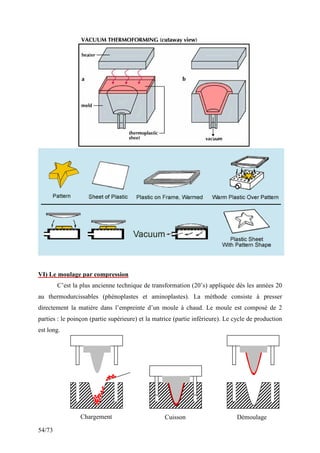 54/73
VI) Le moulage par compression
C’est la plus ancienne technique de transformation (20’s) appliquée dès les années 20
au thermodurcissables (phénoplastes et aminoplastes). La méthode consiste à presser
directement la matière dans l’empreinte d’un moule à chaud. Le moule est composé de 2
parties : le poinçon (partie supérieure) et la matrice (partie inférieure). Le cycle de production
est long.
Chargement Cuisson Démoulage
 