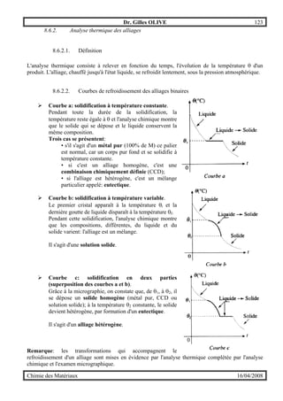 Dr. Gilles OLIVE 123
Chimie des Matériaux 16/04/2008
8.6.2. Analyse thermique des alliages
8.6.2.1. Définition
L'analyse thermique consiste à relever en fonction du temps, l'évolution de la température θ d'un
produit. L'alliage, chauffé jusqu'à l'état liquide, se refroidit lentement, sous la pression atmosphérique.
8.6.2.2. Courbes de refroidissement des alliages binaires
" Courbe a: solidification à température constante.
Pendant toute la durée de la solidification, la
température reste égale à θ et l'analyse chimique montre
que le solide qui se dépose et le liquide conservent la
même composition.
Trois cas se présentent:
• s'il s'agit d'un métal pur (100% de M) ce palier
est normal, car un corps pur fond et se solidifie à
température constante.
• si c'est un alliage homogène, c'est une
combinaison chimiquement définie (CCD);
• si l'alliage est hétérogène, c'est un mélange
particulier appelé: eutectique.
" Courbe b: solidification à température variable.
Le premier cristal apparaît à la température θi et la
dernière goutte de liquide disparaît à la température θf.
Pendant cette solidification, l'analyse chimique montre
que les compositions, différentes, du liquide et du
solide varient: l'alliage est un mélange.
Il s'agit d'une solution solide.
" Courbe c: solidification en deux parties
(superposition des courbes a et b).
Grâce à la micrographie, on constate que, de θ1, à θ2, il
se dépose un solide homogène (métal pur, CCD ou
solution solide); à la température θ2 constante, le solide
devient hétérogène, par formation d'un eutectique.
Il s'agit d'un alliage hétérogène.
Remarque: les transformations qui accompagnent le
refroidissement d'un alliage sont mises en évidence par l'analyse thermique complétée par l'analyse
chimique et l'examen micrographique.
 