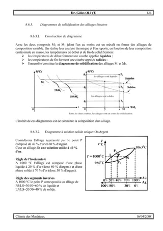 Dr. Gilles OLIVE 124
Chimie des Matériaux 16/04/2008
8.6.3. Diagrammes de solidification des alliages binaires
8.6.3.1. Construction du diagramme
Avec les deux composés M1 et M2 (dont l'un au moins est un métal) on forme des alliages de
composition variable. On réalise leur analyse thermique et l'on reporte, en fonction de leur composition
centésimale en masse, les températures de début et de fin de solidification:
" les températures de début forment une courbe appelée liquidus ;
" les températures de fin forment une courbe appelée solidus ;
" l'ensemble constitue le diagramme de solidification des alliages M1 et M2.
L'intérêt de ces diagrammes est de connaître la composition d'un alliage.
8.6.3.2. Diagramme à solution solide unique: Or-Argent
Considérons l'alliage représenté par le point P
composé de 40 % d'or et 60 % d'argent.
C'est un alliage dit une solution solide à 40 %
d'or.
Règle de l'horizontale
A 1000 °C l'alliage est composé d'une phase
liquide à 20 % d'or (donc 80 % d'argent) et d'une
phase solide à 70 % d'or (donc 30 % d'argent).
Règle des segments inverses
A 1000 °C le point P correspond à un alliage de
PS/LS=30/50=60 % de liquide et
LP/LS=20/50=40 % de solide.
 