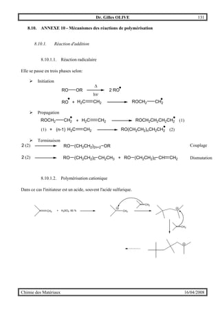 Dr. Gilles OLIVE 131
Chimie des Matériaux 16/04/2008
8.10. ANNEXE 10 - Mécanismes des réactions de polymérisation
8.10.1. Réaction d'addition
8.10.1.1. Réaction radicalaire
Elle se passe en trois phases selon:
" Initiation
RO OR
∆
hν
2 RO
RO + H2C CH2 ROCH2 CH2
" Propagation
H2C CH2 ROCH2CH2CH2CH2ROCH2 CH2 + (1)
H2C CH2 RO(CH2CH2)nCH2CH2(n-1) (2)(1) +
" Terminaison
2 (2) RO (CH2CH2)2n+2
Couplage
2 (2) RO (CH2CH2)n Dismutation+ RO (CH2CH2)n CH CH2CH2CH3
OR
8.10.1.2. Polymérisation cationique
Dans ce cas l'initiateur est un acide, souvent l'acide sulfurique.
CH2 + H2SO4 60 % CH3
CH2
CH2
 