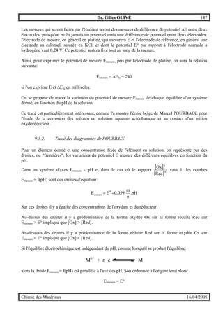 Dr. Gilles OLIVE 147
Chimie des Matériaux 16/04/2008
Les mesures qui seront faites par l'étudiant seront des mesures de différence de potentiel ∆E entre deux
électrodes, puisqu'on ne lit jamais un potentiel mais une différence de potentiel entre deux électrodes:
l'électrode de mesure, en général en platine, qui mesurera E et l'électrode de référence, en général une
électrode au calomel, saturée en KCl, et dont le potentiel E° par rapport à l'électrode normale à
hydrogène vaut 0,24 V. Ce potentiel restera fixe tout au long de la mesure.
Ainsi, pour exprimer le potentiel de mesure Emesure, pris par l'électrode de platine, on aura la relation
suivante:
Emesure = ∆Elu + 240
si l'on exprime E et ∆Elu en millivolts.
On se propose de tracer la variation du potentiel de mesure Emesure de chaque équilibre d'un système
donné, en fonction du pH de la solution.
Ce tracé est particulièrement intéressant, comme l'a montré l'école belge de Marcel POURBAIX, pour
l'étude de la corrosion des métaux en solution aqueuse acidobasique et au contact d'un milieu
oxydoréducteur.
9.3.2. Tracé des diagrammes de POURBAIX
Pour un élément donné et une concentration fixée de l'élément en solution, on représente par des
droites, ou "frontières", les variations du potentiel E mesure des différents équilibres en fonction du
pH.
Dans un système d'axes Emesure - pH et dans le cas où le rapport
[ ]
[ ]b
a
Red
Ox
vaut 1, les courbes
Emesure = f(pH) sont des droites d'équation:
.pH
n
m
0,059.-EE 0
mesure =
Sur ces droites il y a égalité des concentrations de l'oxydant et du réducteur.
Au-dessus des droites il y a prédominance de la forme oxydée Ox sur la forme réduite Red car
Emesure > E° implique que [Ox] > [Red].
Au-dessous des droites il y a prédominance de la forme réduite Red sur la forme oxydée Ox car
Emesure < E° implique que [Ox] < [Red].
Si l'équilibre électrochimique est indépendant du pH, comme lorsqu'il se produit l'équilibre:
Mn+
+ n é M
alors la droite Emesure = f(pH) est parallèle à l'axe des pH. Son ordonnée à l'origine vaut alors:
Emesure = E°
 