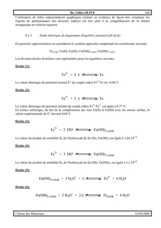 Dr. Gilles OLIVE 148
Chimie des Matériaux 16/04/2008
L'utilisation de telles représentations graphiques mettant en évidence de façon très visualisée les
régions de prédominance des diverses espèces est très utile à la compréhension de la chimie
inorganique en solution aqueuse.
9.3.3. Etude théorique du diagramme d'équilibre potentiel-pH du fer
En première approximation on considèrera le système approché comprenant les constituants suivants:
Fesolide; Fe(II); Fe(III); Fe(OH)2 solide; Fe(OH)3 solide.
Les diverses droites frontières sont représentées pour les équilibres suivants:
Droite (1):
Fe2+
+ 2 é Fe
La valeur théorique du potentiel normal E° du couple redox Fe2+
/Fe est -0,44 V.
Droite (2):
Fe3+
+ 3 é Fe
La valeur théorique du potentiel normal du couple redox Fe3+
/Fe2+
est égale à 0,77 V.
En milieu sulfurique, du fait de la complexation des ions Fe(II) et Fe(III) avec les anions sulfate, la
valeur expérimentale de E° devient 0,68 V.
Droite (3):
Fe2+
+ 2 HO-
Fe(OH)2 solide
La valeur du produit de solubilité Ks de l'hydroxyde de fer (II), Fe(OH)2 est égale à 1,64.10-14
.
Droite (4):
Fe3+
+ 3 HO-
Fe(OH)3 solide
La valeur du produit de solubilité Ks de l'hydroxyde de fer (III), Fe(OH)3, est égale à 1,1.10-36
.
Droite (5):
Fe(OH)3 solide + 3 H3O+
+ é Fe2+
+ 6 H2O
Droite (6):
Fe(OH)2 solide + 2 H3O+
+ 2 é Fesolide + 4 H2O
 
