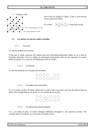 Dr. Gilles OLIVE 17
Chimie des Matériaux 16/04/2008
" Cubique centré
Pour éviter de charger la figure, il doit y avoir devant
encore quatre (4) mailles.
Il y a donc: 2
1
1
.1
8
1
.8 =





+





atomes par maille
1.3. Les défauts au sein des solides cristallins
1.3.1. Ponctuels
Ce sont des défauts sur un atome.
Il faut que le solide contienne des défauts pour être thermodynamiquement stable car en il faut de
l'entropie (désordre). Tous les solides en contiennent énormément, mais ils sont organisés et on peut
même en ajouter. Il y a environ 108
défauts par mole de solides.
1.3.1.1. Les lacunes
Ce sont des positions non occupées par un atome.
1.3.1.2. Les défauts auto-interstitiels
Il y a un atome en plus, de même nature que les autres mais à une place qui n'est pas prévue pour un
atome. Par exemple dans le cas du fer, il y a un atome de fer en plus:
1.3.1.3. Les défauts interstitiels étrangers
Il y a un atome en plus, de nature chimique différente (étrangère) à une mauvaise position. Par
exemple dans le cas du fer, il y a un atome de cobalt en plus:
Cet atome appartient à 8 mailles
Cet atome appartient à 1 maille
 