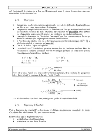 Dr. Gilles OLIVE 31
Chimie des Matériaux 16/04/2008
∆ε0
étant négatif, la réaction ne se fera pas. Heureusement, sinon il y aurai des problèmes avec nos
canalisations de distributions d'eau.
2.1.3. Observations
" Dans certains cas, les observations expérimentales peuvent-être différentes de celles obtenues
par théorie: ceci est dû aux problèmes de cinétique.
" Une première attaque du métal conduira à la formation d'un film qui protégera le métal contre
les oxydations suivantes. Le métal est protégé de l'oxydation par passivation. Dans certains
cas cela peut-être un problème (de couche) qui empêchera une oxydation ultérieure.
" L'exemple le plus connu est l'aluminium "non oxydé" par l'eau contrairement au fer, ce qui
permet de conserver plus longtemps des vérandas en meilleur état.
" Si l'oxydation du métal ne peut pas se faire pour des raisons thermodynamiques (∆G0
> 0), le
métal est protégé de la corrosion par immunité.
" C'est le cas de l'or, l'argent ou le platine.
" Lorsqu'on écrit ∆ε0
, le 0 indique que nous sommes dans les conditions standards. Dans les
conditions non standard, les métaux peuvent être attaqués par l'eau, les acides alors qu'ils ne
l'étaient pas dans les conditions standard.
2
-
He2H2 →++ 0
1E = 0,0 V
MenM -n
→++
M est un métal
0
2E = x V 2E→
Oxydant
Réducteur
ln
nF
RT
-EE 0
=
Ceci est la loi de Nernst avec n le nombre d'électrons échangés, R la constante des gaz parfaits
(8,31 J/mol K) et F la constante de Faraday (96500 C/mol).
[ ]21
H
1
ln
2.96500
8,31.298
-0E
+
=
[ ]+
=
n
0
22
M
1
ln
2.96500
8,31.298
-EE
Les acides chauds et concentrés sont plus oxydants que les acides froids et dilués.
2.1.4. Diagramme de Pourbaix
C'est le diagramme du potentiel E0
en fonction du pH. Grâce à ce diagramme on peut dire les limites
d'oxydation d'un métal et donc s'il y aura corrosion ou pas.
Pour tracer ce type de diagramme on pose:
" le métal solide est stable dans l'eau
" le non-métal est sous forme de cation
1 atm (gaz)
Coefficient
stœchiométrique
(solide)
 