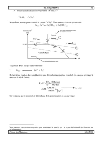 Dr. Gilles OLIVE 32
Chimie des Matériaux 16/04/2008
(car solide)
" toutes les substances dissoutes valent 10-6
mol.l-1
.j
2.1.4.1. Cu/H2O
Nous allons prendre pour exemple le couple Cu/H2O. Nous sommes donc en présence de:
(aq)
-2
42(s)(aq)
2
(s) Cu(OH)etCu(OH),Cu,Cu +
Potentiel E0
(V)
pH
Cu métallique
+0,34 V
Cu
2+
(aq)
Cu(OH)2 (s)
Cu(OH)4 (aq)
2-
1
2
3
4
5
6
7
Passivité
Immunité
est thermodynamiquement stable
si la couche formée protège contre
les oxydations suivantes
Voyons en détail chaque transformation:
1.
Il s'agit d'une réaction d'oxydoréduction: cela dépend uniquement du potentiel. On va donc appliquer à
nouveau la loi de Nernst.
[ ]+
=
=
2
0
Cu
1
ln
2.96500
8,31.298
-0,34
Oxydant
Réducteur
ln
nF
RT
-EE
On voit donc que le potentiel de dépend que de la concentration en ion cuivrique.
j
Pour les autres concentrations on prendra: pour les solides 1 M, pour les gaz 1 M et pour les liquides 1 M si il ne sont pas
en milieu aqueux.
Cu(s) Cu2+
+ 2 e-
 