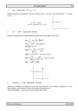 Dr. Gilles OLIVE 35
Chimie des Matériaux 16/04/2008
E
pH
-0,76 V 1
1.
Dépend uniquement du potentiel. Zn est le réducteur (E.O. = 0) et Zn2+
est l'oxydant (E.O. = +2). Dans
ce cas:
E = E0
= -0,76 V
(car [Zn2+
](oxydant)=1 et T = 25 °C)
2.
Réaction de précipitation ne dépendant que du pH. Donc calcul [HO-
], [H+
] et pH.
[ ][ ]
[ ][ ]
[ ]
[ ]
[ ]
[ ]
[ ]
[ ] 5,94==•
===•
==•
==•
=•
=•
==•
+
−
+
−
+
−
−+
−+
Hlog-pH
mol.l1,14.10
8,781.10
10
HO
10
H
mol.l8,781.107,71.10HO
M1
7,71.10
Zn
Ks
HO
10HOH
eau)(voir tabl7,71.10Ks
HOZnKs;
Ks
1
K
1-6-
9-
14-14-
1-9-17-
17-
2
2
14-
17-
22
E
pH
-0,76 V 1
2
5,94
a
3.
Réaction de métathèse ne dépendant que du pH. Cette réaction a une constante d'équilibre K = 0,05.
Mais attention, cette réaction n'est pas une réaction de précipitation.
De plus [Zn(OH)2] = 1 parce que c'est un précipité donc solide.
Zn(s) Zn2+
(aq) + 2 e-
Zn2+
+ 2 HO-
Zn(OH)2
Zn(OH)2 (s) + 2 HO-
Zn(OH)4
2-
 