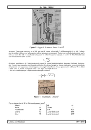 Dr. Gilles OLIVE 44
Chimie des Matériaux 16/04/2008
Figure 5 – Appareil de mesure dureté Brinell2
Au moyen d'une presse, on exerce sur la bille une force P, connue et invariable, 3 000 kgp en général. La bille s'enfonce
dans le métal et y laisse, sous la forme d'une calotte sphérique, une empreinte d'autant plus profonde, évidemment, que le
métal est moins dur. Si S est la surface de cette calotte en millimètres carrés, la dureté, ou nombre de Brinell H est donnée
conventionnellement par la relation:
2
mmS
kgpP
H =
On mesure le diamètre, d, de l'empreinte avec une réglette de verre (Figure 6) présentant deux traits légèrement divergents,
dont l'un porte une graduation en dixièmes de millimètre. On déplace la règle sur l'éprouvette jusqu'au moment où les bords
de l'empreinte sont tangents aux traits divergents: une simple lecture fournit d à une approximation suffisante. On en déduit
S par le calcul ou, mieux, au moyen de tables ; d'où H, par une simple division.
L'aire de la calotte sphérique d'empreinte est donnée par la formule:





= 2d-2D-DDπ
2
1
S
Figure 6 – Règle de Le Chatelier2
Exemples de dureté Brinell de quelques métaux:2
Plomb 7 Or 48
Etain 15 Nickel 75
Aluminium 38 Fer 120
Cuivre 40 Acier demi-dur 148
Zinc 46 Acier extra-dur 235
 