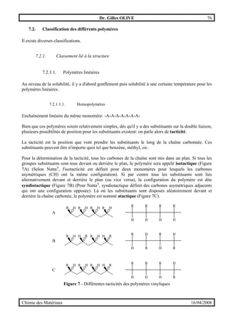 Dr. Gilles OLIVE 76
Chimie des Matériaux 16/04/2008
7.2. Classification des différents polymères
Il existe diverses classifications.
7.2.1. Classement lié à la structure
7.2.1.1. Polymères linéaires
Au niveau de la solubilité, il y a d'abord gonflement puis solubilité à une certaine température pour les
polymères linéaires.
7.2.1.1.1. Homopolymères
Enchaînement linéaire du même monomère: -A-A-A-A-A-A-A-
Bien que ces polymères soient relativement simples, dés qu'il y a des substituants sur la double liaison,
plusieurs possibilités de position pour les substituants existent: on parle alors de tacticité.
La tacticité est la position que vont prendre les substituants le long de la chaîne carbonnée. Ces
substituants peuvent être n'importe quoi tel que benzène, méthyl, etc.
Pour la détermination de la tacticité, tous les carbones de la chaîne sont mis dans un plan. Si tous les
groupes substituants sont tous devant ou derrière le plan, le polymère sera appelé isotactique (Figure
7A) (Selon Natta7, l'isotacticité est définit pour deux monomères pour lesquels les carbones
asymétriques (CH) ont la même configuration). Si par contre tous les substituants sont liés
alternativement devant et derrière le plan (ou vice versa), la configuration du polymère est dite
syndiotactique (Figure 7B) (Pour Natta7, syndiotactique définit des carbones asymétriques adjacents
qui ont une configuration opposée). Là où les substituants sont disposés aléatoirement devant et
derrière la chaîne carbonée, le polymère est nommé atactique (Figure 7C).
R R R RH H H H
R
H
R
H
R
H
R
H
A
R H R HH R H R
R
H
H
R
R
H
H
R
B
R R R HH H H R
R
H
R
H
R
H
H
R
C
Figure 7 - Différentes tacticités des polymères vinyliques
 