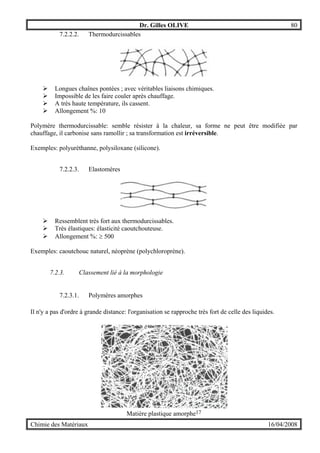 Dr. Gilles OLIVE 80
Chimie des Matériaux 16/04/2008
7.2.2.2. Thermodurcissables
" Longues chaînes pontées ; avec véritables liaisons chimiques.
" Impossible de les faire couler après chauffage.
" A très haute température, ils cassent.
" Allongement %: 10
Polymère thermodurcissable: semble résister à la chaleur, sa forme ne peut être modifiée par
chauffage, il carbonise sans ramollir ; sa transformation est irréversible.
Exemples: polyuréthanne, polysiloxane (silicone).
7.2.2.3. Elastomères
" Ressemblent très fort aux thermodurcissables.
" Très élastiques: élasticité caoutchouteuse.
" Allongement %: ≥ 500
Exemples: caoutchouc naturel, néoprène (polychloroprène).
7.2.3. Classement lié à la morphologie
7.2.3.1. Polymères amorphes
Il n'y a pas d'ordre à grande distance: l'organisation se rapproche très fort de celle des liquides.
Matière plastique amorphe17
 