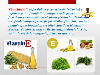 Vitamina E (tocoferolul) este considerată “vitamină a 
reproducerii și fertilităţii”, indispensabilă pentru 
funcționarea normală a testiculelor și ovarelor. Totodată, 
tocoferolul asigură protecţia plămînilor, ficatului, vaselor 
sanguine, a eritrocitelor, are efect diuretic şi hipotensiv. 
Sursele vitaminei E sunt ouăle, ficatul, produsele lactate, 
uleiurile vegetale nerafinate, pîinea neagră ş.a. 
 