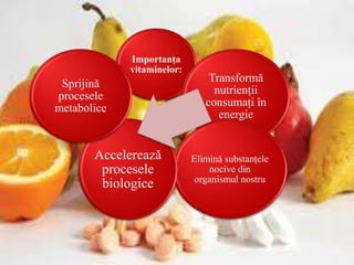 Importanța 
vitaminelor: 
Transformă 
nutrienții 
consumați în 
energie 
Elimină substanțele 
nocive din 
organismul nostru 
Sprijină 
procesele 
metabolice 
Accelerează 
procesele 
biologice 
 