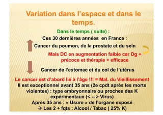 Cancer du poumon, de la prostate et du sein
Cancer de l’estomac et du col de l’utérus
Mais DC en augmentation faible car Dg +
précoce et thérapie + efficace
Le cancer est d’abord lié à l’âge !!! = Mal. du Vieillissement
Il est exceptionnel avant 35 ans (2e cpdt après les morts
violentes) : type embryonnaire ou proches des K
expérimentaux (< -- > Virus)
Après 35 ans : « Usure » de l’organe exposé
 Les 2 + fqts : Alcool / Tabac ( 25% K)
 