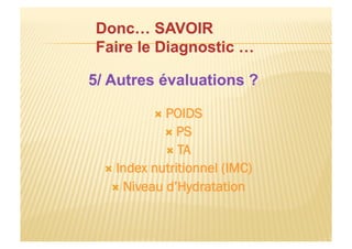   POIDS
  PS
  TA
  Index nutritionnel (IMC)
  Niveau d’Hydratation
 