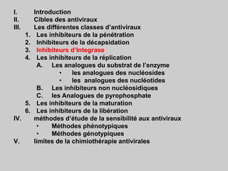 I. Introduction
II. Cibles des antiviraux
III. Les différentes classes d’antiviraux
1. Les inhibiteurs de la pénétration
2. Inhibiteurs de la décapsidation
3. Inhibiteurs d’Integrase
4. Les inhibiteurs de la réplication
A. Les analogues du substrat de l’enzyme
• les analogues des nucléosides
• les analogues des nucléotides
B. Les inhibiteurs non nucléosidiques
C. les Analogues de pyrophosphate
5. Les inhibiteurs de la maturation
6. Les inhibiteurs de la libération
IV. méthodes d’étude de la sensibilité aux antiviraux
• Méthodes phénotypiques
• Méthodes génotypiques
V. limites de la chimiothérapie antivirales
 