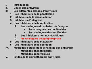 I. Introduction
II. Cibles des antiviraux
III. Les différentes classes d’antiviraux
1. Les inhibiteurs de la pénétration
2. Inhibiteurs de la décapsidation
3. Inhibiteurs d’integrase
4. Les inhibiteurs de la réplication
A. Les analogues du substrat de l’enzyme
• les analogues des nucléosides
• les analogues des nucléotides
B. Les inhibiteurs non nucléosidiques
C. les Analogues de pyrophosphate
5. Les inhibiteurs de la maturation
6. Les inhibiteurs de la libération
IV. méthodes d’étude de la sensibilité aux antiviraux
• Méthodes phénotypiques
• Méthodes génotypiques
V. limites de la chimiothérapie antivirales
 