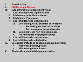 I. Introduction
II. Cibles des antiviraux
III. Les différentes classes d’antiviraux
1. Les inhibiteurs de la pénétration
2. Inhibiteurs de la décapsidation
3. Inhibiteurs d’integrase
4. Les inhibiteurs de la réplication
A. Les analogues du substrat de l’enzyme
• les analogues des nucléosides
• les analogues des nucléotides
B. Les inhibiteurs non nucléosidiques
C. les Analogues de pyrophosphate
5. Les inhibiteurs de la maturation
6. Les inhibiteurs de la libération
IV. méthodes d’étude de la sensibilité aux antiviraux
• Méthodes phénotypiques
• Méthodes génotypiques
V. limites de la chimiothérapie antivirales
 
