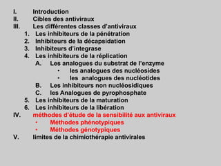 I. Introduction
II. Cibles des antiviraux
III. Les différentes classes d’antiviraux
1. Les inhibiteurs de la pénétration
2. Inhibiteurs de la décapsidation
3. Inhibiteurs d’integrase
4. Les inhibiteurs de la réplication
A. Les analogues du substrat de l’enzyme
• les analogues des nucléosides
• les analogues des nucléotides
B. Les inhibiteurs non nucléosidiques
C. les Analogues de pyrophosphate
5. Les inhibiteurs de la maturation
6. Les inhibiteurs de la libération
IV. méthodes d’étude de la sensibilité aux antiviraux
• Méthodes phénotypiques
• Méthodes génotypiques
V. limites de la chimiothérapie antivirales
 