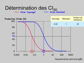 0
20
40
60
80
100
0,001 0,01 0,1 1 10 100 1000
Détermination des CI50
50
Virus "sauvage" Virus résistant
Production Virale (%)
Concentration antiviral (µM)
Sauvage Résistant
Facteur de
résistance
0.05 1 20
 