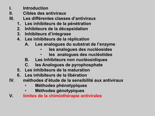 I. Introduction
II. Cibles des antiviraux
III. Les différentes classes d’antiviraux
1. Les inhibiteurs de la pénétration
2. Inhibiteurs de la décapsidation
3. Inhibiteurs d’integrase
4. Les inhibiteurs de la réplication
A. Les analogues du substrat de l’enzyme
• les analogues des nucléosides
• les analogues des nucléotides
B. Les inhibiteurs non nucléosidiques
C. les Analogues de pyrophosphate
5. Les inhibiteurs de la maturation
6. Les inhibiteurs de la libération
IV. méthodes d’étude de la sensibilité aux antiviraux
• Méthodes phénotypiques
• Méthodes génotypiques
V. limites de la chimiothérapie antivirales
 
