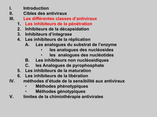 I. Introduction
II. Cibles des antiviraux
III. Les différentes classes d’antiviraux
1. Les inhibiteurs de la pénétration
2. Inhibiteurs de la décapsidation
3. Inhibiteurs d’integrase
4. Les inhibiteurs de la réplication
A. Les analogues du substrat de l’enzyme
• les analogues des nucléosides
• les analogues des nucléotides
B. Les inhibiteurs non nucléosidiques
C. les Analogues de pyrophosphate
5. Les inhibiteurs de la maturation
6. Les inhibiteurs de la libération
IV. méthodes d’étude de la sensibilité aux antiviraux
• Méthodes phénotypiques
• Méthodes génotypiques
V. limites de la chimiothérapie antivirales
 