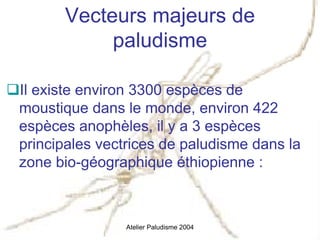 Vecteurs majeurs de
           paludisme

Il existe environ 3300 espèces de
moustique dans le monde, environ 422
espèces anophèles, il y a 3 espèces
principales vectrices de paludisme dans la
zone bio-géographique éthiopienne :



               Atelier Paludisme 2004
 