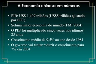 A Economia chinesa em números PIB: US$ 1,409 trilhões (US$5 trilhões ajustado por PPC) Sétima maior economia do mundo (FMI 2004) O PIB foi multiplicado cinco vezes nos últimos 25 anos Crescimento médio de 9,5% ao ano desde 1981 O governo vai tentar reduzir o crescimento para 7% em 2004 