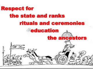 Respect for     the state and ranksrituals and ceremonies			 education					the ancestors