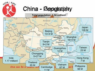 China - Geography World’s 4th largest country Beijing 13+4 M Tianjin 9+2 M Shanghai 16+4 M Guangzhou 12 M Chongqing 5+27 M Hong Kong 7 M Taiwan 23 M Japan 126 M Thailand 65 M Vietnam 87 M China - Population Total population: 1.34 milliard Inde 1.17 milliard Philippine 98 M Cambodge 11 M 