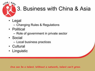 3. Business with China & Asia Legal Changing Rules & Regulations Political Role of government in private sector Social Local business practices Cultural Linguistic 