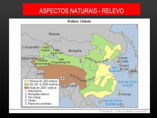 ASPECTOS NATURAIS - RELEVO Há 3 compartimentos: -  Altas montanhas no Oeste (Himalaia)  -  Planaltos no centro -  Planícies e depressões 