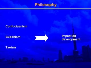 Philosophy Confuciuanism Buddhism Taoism Impact on development 