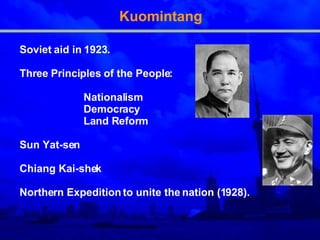 Kuomintang Soviet aid in 1923. Three Principles of the People: Nationalism Democracy Land Reform Sun Yat-sen Chiang Kai-shek Northern Expedition to unite the nation (1928).  