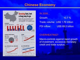Chinese Economy IN 2006... Growth:  10.7 % Trade volume:  US$ 1.76 trillion FDI inflow:   US$ 69.5 billion OVERHEATING? Macro-controls against rapid growth of investment, excessive monetary credit and trade surplus. 