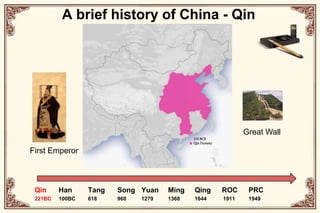 A brief history of China - QinGreat WallFirst EmperorQin221BCHan100BCTang618Song960Yuan1279Ming1368Qing1644ROC1911PRC1949
