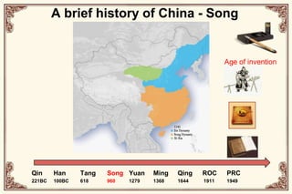 A brief history of China - SongAge of inventionQin221BCHan100BCTang618Song960Yuan1279Ming1368Qing1644ROC1911PRC1949