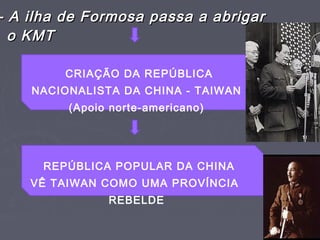 - A ilha de Formosa passa a abrigar- A ilha de Formosa passa a abrigar
o KMTo KMT
CRIAÇÃO DA REPÚBLICA
NACIONALISTA DA CHINA - TAIWAN
(Apoio norte-americano)
REPÚBLICA POPULAR DA CHINA
VÊ TAIWAN COMO UMA PROVÍNCIA
REBELDE
 