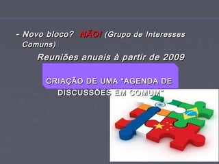 -- Novo bloco?Novo bloco? NÃO!NÃO! (Grupo de Interesses(Grupo de Interesses
Comuns)Comuns)
Reuniões anuais à partir de 2009Reuniões anuais à partir de 2009
CRIAÇÃO DE UMA “AGENDA DECRIAÇÃO DE UMA “AGENDA DE
DISCUSSÕES EM COMUM”DISCUSSÕES EM COMUM”
 