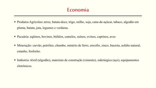 Economia
 Produtos Agricolas: arroz, batata-doce, trigo, milho, soja, cana-de-açúcar, tabaco, algodão em
pluma, batata, juta, legumes e verduras.
 Pecuária: eqüinos, bovinos, búfalos, camelos, suínos, ovinos, caprinos, aves
 Mineração: carvão, petróleo, chumbo, minério de ferro, enxofre, zinco, bauxita, asfalto natural,
estanho, fosforito.
 Indústria: têxtil (algodão), materiais de construção (cimento), siderúrgica (aço), equipamentos
eletrônicos.
 