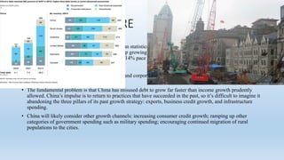 REASONS OF FAILURE
• The law of large numbers (financial, rather than statistical) applies to nations as well as to companies: the
bigger an economy gets, the harder it is to keep growing at a fast clip. Growth of 7% this year for China
would generate more additional output than a 14% pace did in 2007.
• Effective working population is declining.
• Total debt (including government, household and corporate) has climbed to about 250% of GDP, up 100
percentage points since 2008.
• The fundamental problem is that China has misused debt to grow far faster than income growth prudently
allowed. China’s impulse is to return to practices that have succeeded in the past, so it’s difficult to imagine it
abandoning the three pillars of its past growth strategy: exports, business credit growth, and infrastructure
spending.
• China will likely consider other growth channels: increasing consumer credit growth; ramping up other
categories of government spending such as military spending; encouraging continued migration of rural
populations to the cities.
 