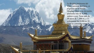 La Región Autónoma delLa Región Autónoma del
Tibet, suroeste de China, esTibet, suroeste de China, es
el grueso de la mesetael grueso de la meseta
Qinghai-Tibet, y su elevaciónQinghai-Tibet, y su elevación
promedia más de 4, 000promedia más de 4, 000
metros s.n.m. Tiene más demetros s.n.m. Tiene más de
50 picos de 7, 000 m, y 1150 picos de 7, 000 m, y 11
sobrepasan los 8,000 m. Elsobrepasan los 8,000 m. El
Tibet es conocido como “Tibet es conocido como “
Techo del Mundo “ y “Techo del Mundo “ y “
Tercer Polo “ del globo.Tercer Polo “ del globo.
 