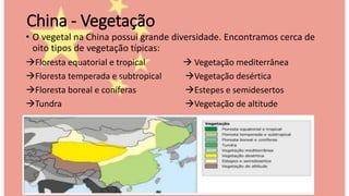 China - Vegetação
• O vegetal na China possui grande diversidade. Encontramos cerca de
oito tipos de vegetação típicas:
Floresta equatorial e tropical  Vegetação mediterrânea
Floresta temperada e subtropical Vegetação desértica
Floresta boreal e coníferas Estepes e semidesertos
Tundra Vegetação de altitude
 