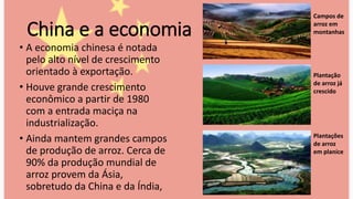 China e a economia
• A economia chinesa é notada
pelo alto nível de crescimento
orientado à exportação.
• Houve grande crescimento
econômico a partir de 1980
com a entrada maciça na
industrialização.
• Ainda mantem grandes campos
de produção de arroz. Cerca de
90% da produção mundial de
arroz provem da Ásia,
sobretudo da China e da Índia,
Campos de
arroz em
montanhas
Plantação
de arroz já
crescido
Plantações
de arroz
em planíce
 