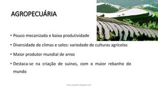 AGROPECUÁRIA
• Pouco mecanizada e baixa produtividade
• Diversidade de climas e solos: variedade de culturas agrícolas
• Maior produtor mundial de arroz
• Destaca-se na criação de suínos, com o maior rebanho do
mundo
http://jografia.blogspot.com
 