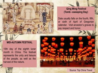 Qing Ming Festival
(Tomb –sweeping Day)
Date usually falls on the fourth, fifth,
or sixth of April of Gregorian
calendar. Visit ancestor’s graves to
pay respect and honor.
MID-AUTUMN FESTIVAL
15th day of the eighth lunar
month in China. The festival
represents the unity and leisure
of the people, as well as the
harvest of the nature.
Source: Top China Travel
 