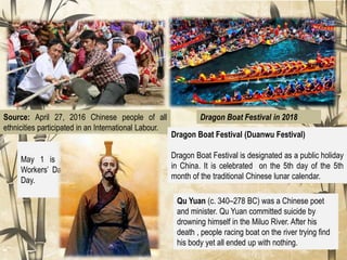 May 1 is MAY DAY International
Workers’ Day, also known as Labor
Day.
Source: April 27, 2016 Chinese people of all
ethnicities participated in an International Labour.
Dragon Boat Festival in 2018
Dragon Boat Festival (Duanwu Festival)
Dragon Boat Festival is designated as a public holiday
in China. It is celebrated on the 5th day of the 5th
month of the traditional Chinese lunar calendar.
Qu Yuan (c. 340–278 BC) was a Chinese poet
and minister. Qu Yuan committed suicide by
drowning himself in the Miluo River. After his
death , people racing boat on the river trying find
his body yet all ended up with nothing.
 