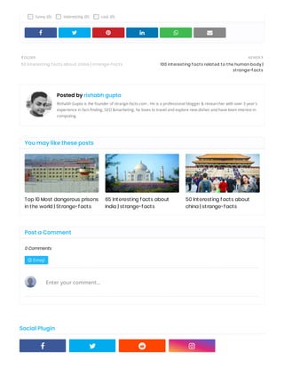 0 Comments
 Emoji
Enter your comment...
funny (0) interesting (0) cool (0)
     
NEWER
100 interesting f acts related to the human body |
strange-f acts
 OLDER
50 Interesting f acts about china | strange-f acts
Posted by rishabh gupta
Rishabh Gupta is the founder of strange-facts.com . He is a professional blogger & researcher with over 3 year's
experience in fact- nding, SEO &marketing. he loves to travel and explore new dishes and have keen interest in
computing.
You may like these posts
Top 10 Most dangerous prisons
in the world | Strange-facts
65 Interesting facts about
India | strange-facts
50 Interesting facts about
china | strange-facts
Post a Comment
   
Social Plugin
 
