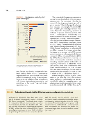 228	

china 2030

Figure 3.7  Patent assignee origins for wind
power technologies

United States

Top 10 OECD countries

Germany
Denmark
Japan
United Kingdom
Korea, Rep.
Spain
Canada
Sweden

BRIC countries

France
China
Russian Federation
Brazil
India
0 500 1,000 1,500 2,000 2,500 3,000
Patent applications
More than 5 years ago

Past 5 years

Source: Chatham House 2009, cited in Feng and others 2011.
Note: BRIC = Brazil, Russian Federation, India, and China.

over the past two decades have exceeded any
other country (figure 3.7). As China continues to absorb and innovate new green technologies—supported in part by government
investment and policies—these technologies
will become increasingly competitive and
contribute to the country’s growth in the
upcoming years.

The growth of China’s nascent environmental protection industry, in particular,
demonstrates the important role that the
state will play in promoting the growth of
green sectors. Take the flue gas desulfurization industry, for example. Under the 11th
Five Year Plan, the central government mandated that sulfur dioxide (SO2) emissions be
reduced 10 percent nationwide from 2005
levels. This target was bolstered by additional standards set by the National Development and Reform Commission (NDRC)
and the Ministry of Environmental Protection (MEP) for emissions from heavy industry. As a result, China’s flue gas desulfurization industry has grown dramatically since
2006. Annual installations of sulfur dioxide
scrubbers on coal-fired power plants have
increased at an average rate of 34 percent,
even with spotty enforcement of the new
standards (China Greentech Initiative 2011).
By 2009, the desulfurization industry and
other environmental protection industries,
including water treatment and solid waste
disposal, were valued at RMB 480 billion
($74 billion) (Lan 2011). With stricter standards introduced under the 12th Five Year
Plan, the government hopes that the environmental protection industry can grow to RMB
2 trillion by 2015 ($310 billion) (box 3.5).
Green emerging industries also create
exports and jobs. By 2030, the projected
exports of green technologies and services
specifically related to renewable energy and
clean energy (mainly electric) vehicles is projected to rise to RMB 1.691 trillion–2.916

Box 3.5  Robust growth projected for China’s environmental protection industries
In a speech in November, 2011, at the APEC (Asia
Pacific Economic Cooperation) Summit, President
Hu Jintao announced, “Continued rapid growth
is projected for China’s environmental protection
industry during the 12th Five Year Plan (2011–15).
By 2015, the total value of the industry may exceed
RMB 2 trillion. Between 2011 and 2015, China’s
central government plans to invest RMB 3.1 trillion
in protecting the environment, more than double

what was invested over the previous 5 years. China’s energy conservation and environmental protection industries are seen as major sectors for foreign
investment. A flourishing demand for ‘green’ products and services, combined with a favorable investment environment will provide a vast market and
tremendous opportunity for enterprises from around
the world. . . .”

 